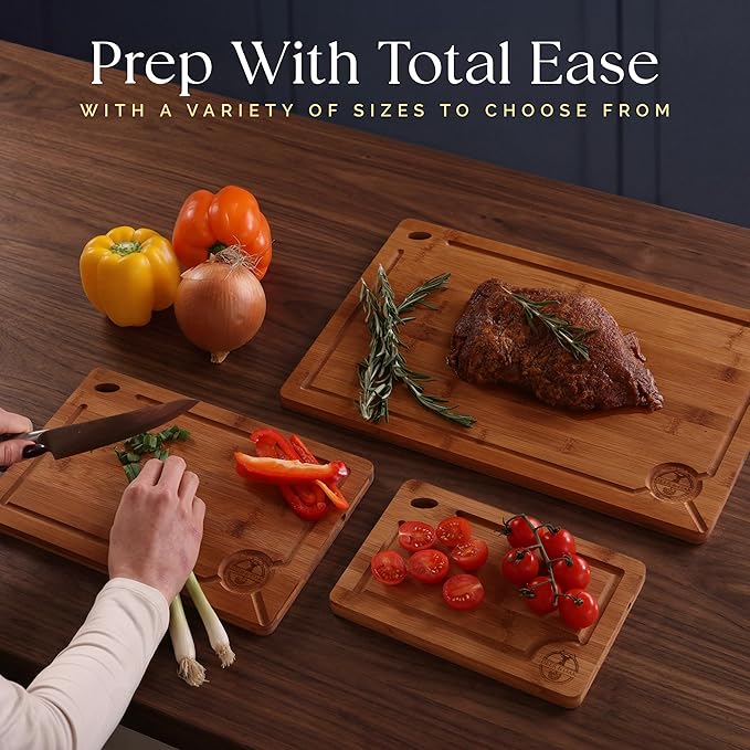Pre-Oiled, Non Toxic 3-Piece Carbonized Bamboo Cutting Board Set, Eco-Friendly Wooden Chopping Boards for Kitchen with Hanging Hole, 500°F Carbonized Technology Charcuterie Serving Boards Deer & Oak
