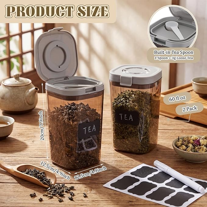 Suclain 2 Pack 60oz Airtight Coffee Canisters Light Blocking Tea Storage Containers with Scoop, Airtight Food Jars for Loose Leaf Tea, Sugar, Formula, Coffee Bean, with Chalk Marker & 8 Stickers