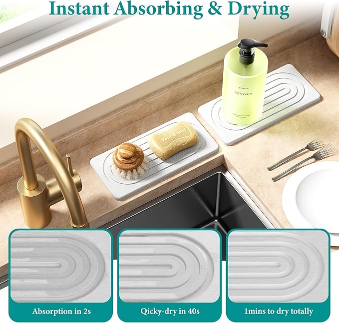 Water Absorbing Stone Tray, Quick Drying Diatomite Bathroom Tray Countertop, Stone Drying Mat for Kitchen Counter, Soap Dish Dispenser Vanity Organizer, White-A-12.2" x 4"