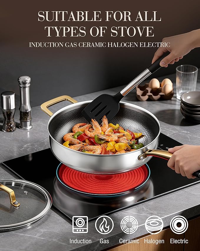 FogDream Titanium Non Stick Frying Pan, 10in Tri-Ply Stainless Steel Deep Saute Pan, All-in-One Cookware Set(Spatulas&Steamer), Stay Cool Handle, Dishwasher & Oven-Safe,Induction Compatible,Gold