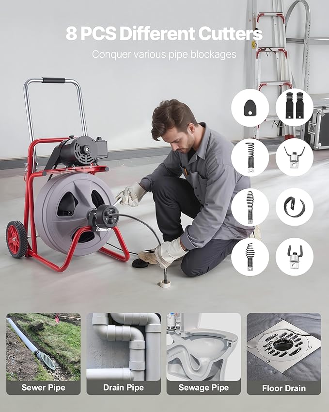 VEVOR Drain Cleaner Machine 100 FT x 1/2 Inch, Auto Feed Sewer Snake Drain Auger on Wheels, Portable Drain Cleaning Machine with 8 Cutters & Air-Activated Foot Switch for 2" to 6" Pipes