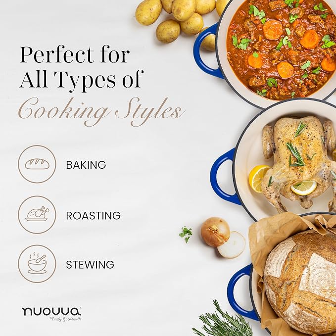 Cast Iron Pot with Lid-Non-Stick Ovenproof Enamelled Casserole Pot, Oven Safe up to 500° F-Sturdy Dutch Oven Cookware - Dark Blue, 5-Quart, 24cm by- Nuovva
