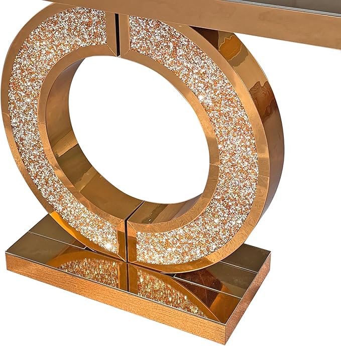 SSLine Mirror Console Table for Living Room 43" Modern Mirrored Entryway Table with Crystal O-Shape Base Luxury Brown Glass Foyer Tables for Entryway Hallway