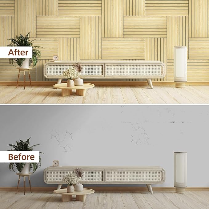 WADILE Peel and Stick Wood Slat Wall Panels 12"x24" Decorative PVC Wooden Panel Soundproof Self-Adhesive for Living Room Bedroom Accent Wall (Not Real Wood)– 20 Pack