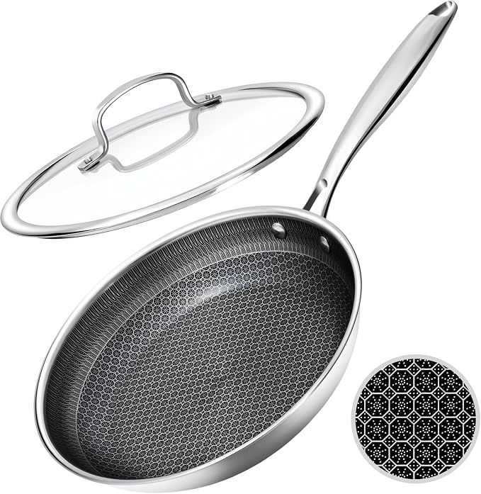 USELUCK Hybrid Non stick Frying Pans with Glass Lid, 8-Inch Frying Pan. | Stainless Steel Skillet with Honeycomb Surface,Oven-Safe,PFAS-Free,Compatible with All Cooktops.