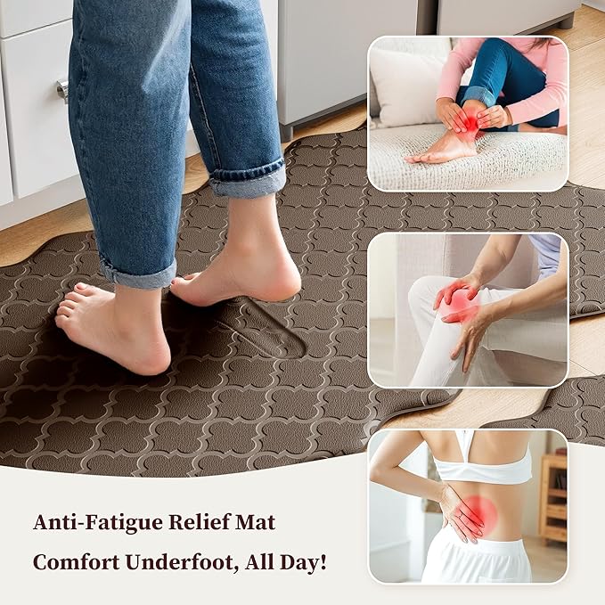 Arenarug Upgrade Scalloped Embossed Kitchen Mats for Floor 2PCS Cushioned Anti Fatigue Waterproof Foam Kitchen Rugs Non Slip Washable Comfort Standing Mat for Office Sink Laundry, Brown