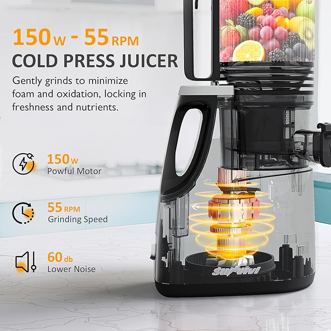 Sunvivi Cold Press Juicer with 5.9" Wide Feed Chute, 150W Slow Masticating Juicer Machines Fit Whole Vegetables & Fruits, Easy to Clean, Dual-Layer Strainer, High Yield Juicer for Home, Black