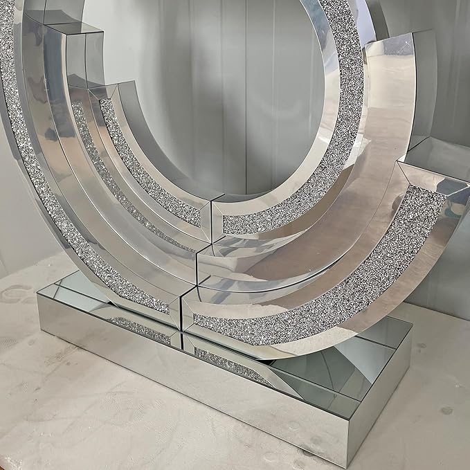 SSLine 2-Piece Set Mirrored Console Table with Wall Mirror, 43" Modern Mirror Entryway Table with 3C-Shape Base, Round Crush Diamond Decor Mirror for Entryway Hallway