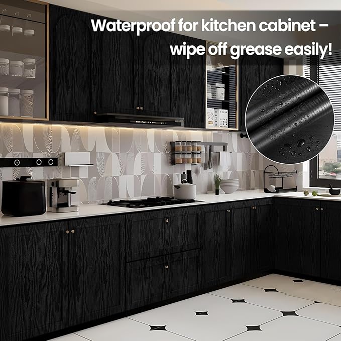 COSNIGHT Black Peel and Stick Wallpaper, Wood Grain Contact Paper Self Adhesive 15.7'' x 118'' Vinyl Wrap, Removable Wall Paper for Kitchen Countertop, Cabinet, Drawer, Shelf Liner