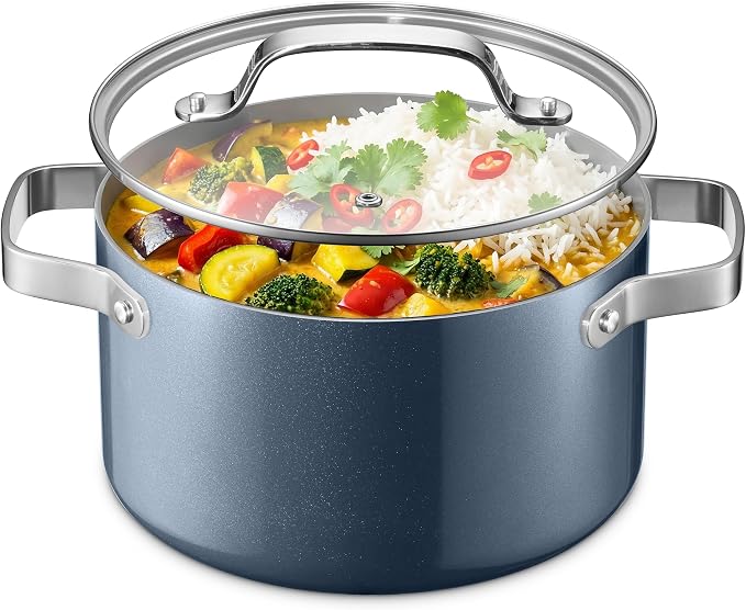 Bakken 5 Quart Ceramic Coated Stock Pot with Lid, Easy to Clean Nonstick Pot, Tempered Glass Lid, Riveted Stainless Steel Handles, Oven Safe Up To 500°F, PTFE & PFAS Free, All Stove Compatible, Blue