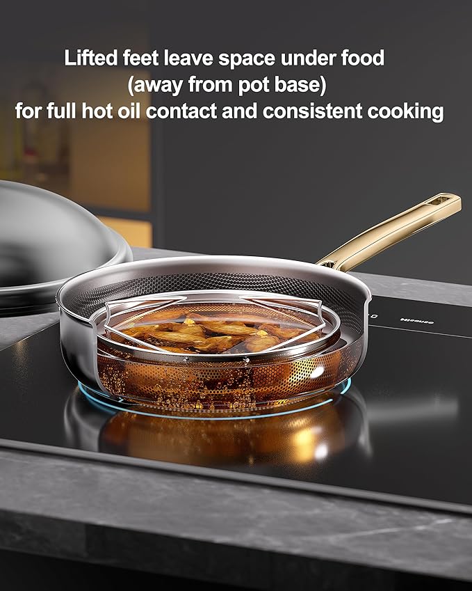 FogDream Titanium Non Stick Frying Pan, 10in Tri-Ply Stainless Steel Deep Saute Pan, All-in-One Cookware Set with Stainless Lid, Stay Cool Handle, Dishwasher & Oven-Safe,Induction Compatible,Gold
