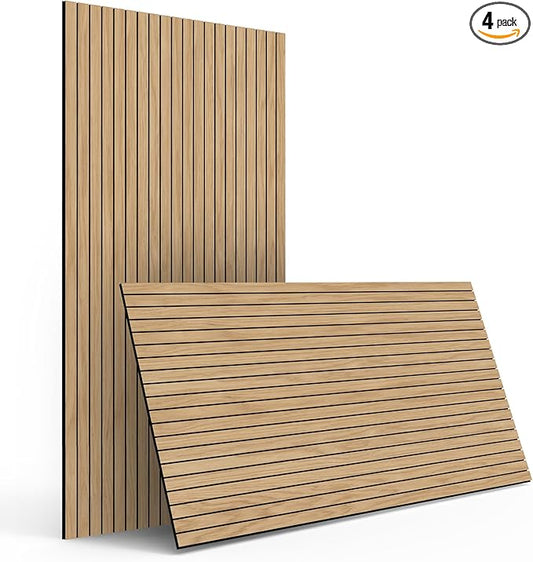 4-Piece Wood Slat Wall Panel for Interior Wall Decor Noise Cancelling 47.2" x 23.6" Peel and Stick Acoustic Decorative 3D Sound Absorbing Wall Paneling, Natural Oak