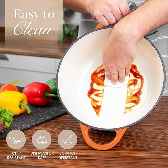 Cast Iron Dutch Oven with Lid-Non-Stick Ovenproof Enamelled Casserole Pot- Sturdy Dutch Oven Cookware - Orange, 7.3- Quart, 30cm- by Nuovva
