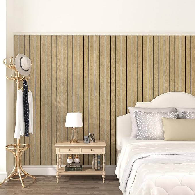 Peel and Stick Beige Wood Panels for Interior Wall Decor 3D Textured Wood Acoustic Wall Panels Self Adhesive Soundproof Wooden Slats Panel Wallpaper for Bedroom Bathroom Ceiling 23.6"x118"