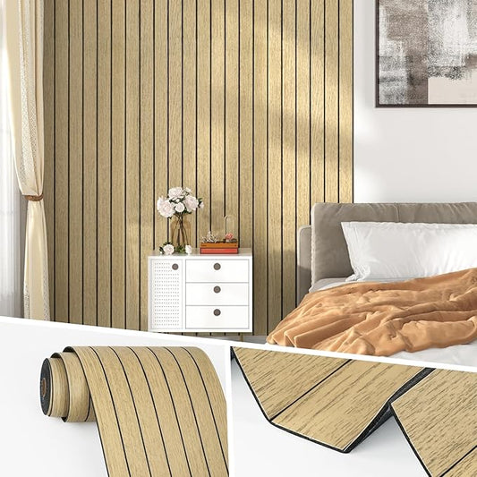 Wallercity Brown Wood Slat Wall Paneling for Interior Walls Removable Soundproof Wall Panels 3D Textured Peel and Stick Wood Panel Flexible Light Wooden Panels for Bedroom Office Studio 11.7''x197''