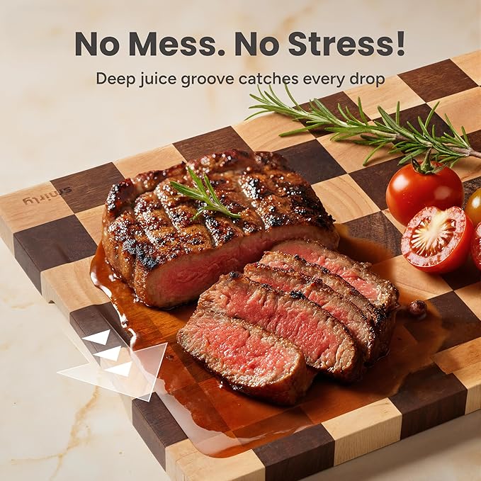 SMIRLY Wood Cutting Boards for Kitchen Wooden Chopping Board Set Reversible with Deep Juice Grooves Grip Handles, Large Charcuterie Tray for Home Kitchen, Rubber Wood, 3Pcs with Holder