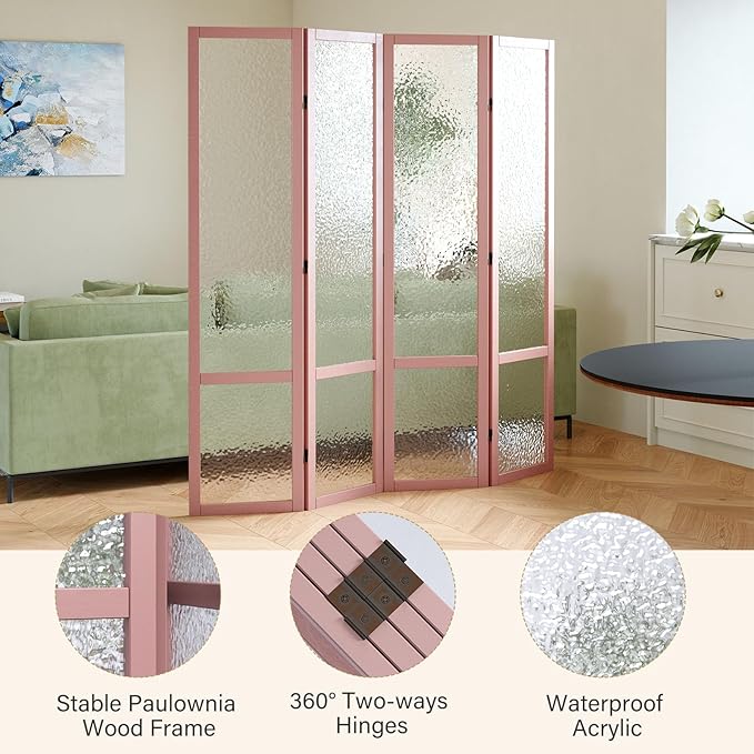 Acrylic Room Divider, 4-Panel Freestanding Partition Screen, Frosted Translucent Privacy Panel - Lightweight Modern Divider for Home Office Studio (Rose Gold, 4 Panels)