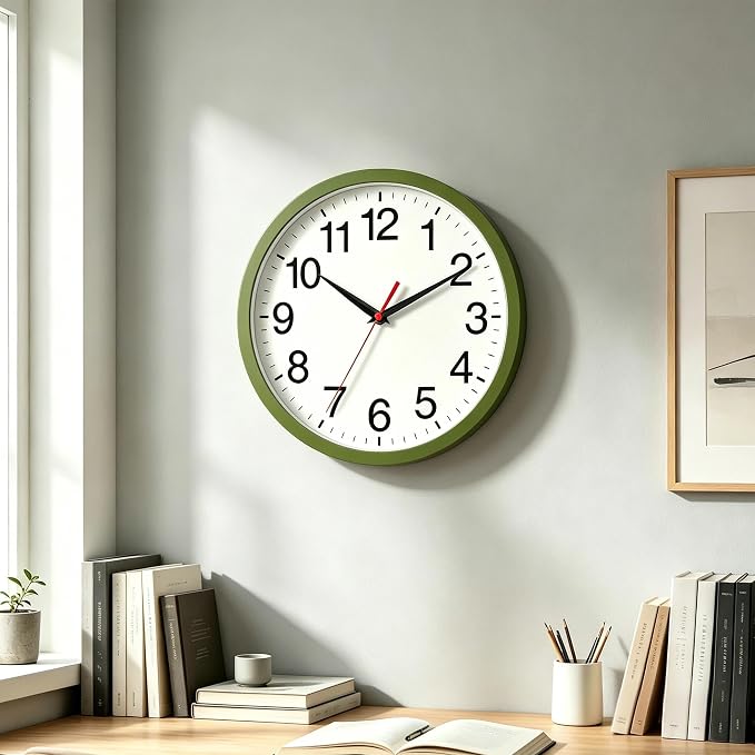 Rohioue Wall Clock Modern 8 Inch Battery Operated Silent Non Ticking Small Analog Clock Decorative for Bedroom Kitchen Bathroom Office Home (Olive Green)