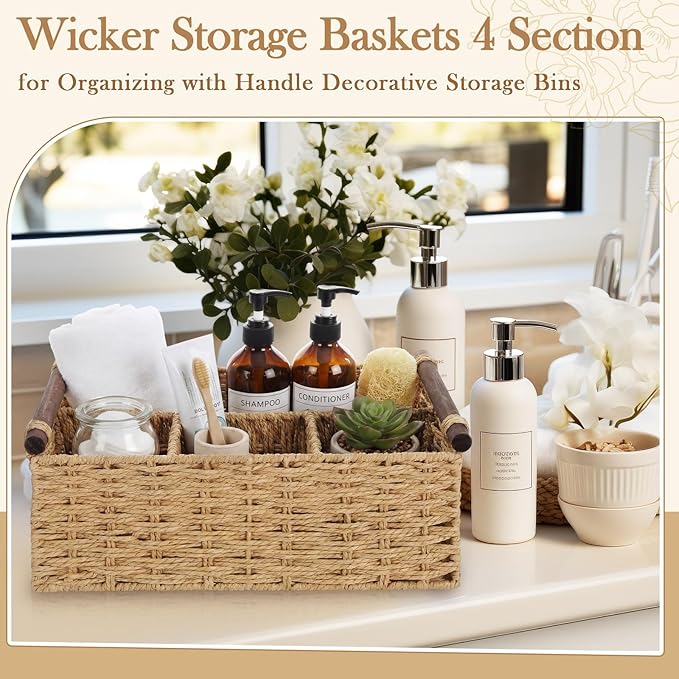 Remerry Beige Bathroom Countertop Organizer Caddy, Wicker-Like Divided Basket with Handle and Metal Frame, 4 Compartment, Paper Rope Storage Organizer for Vanity Kitchen (10.24 x 7.87 x 3.94 in)