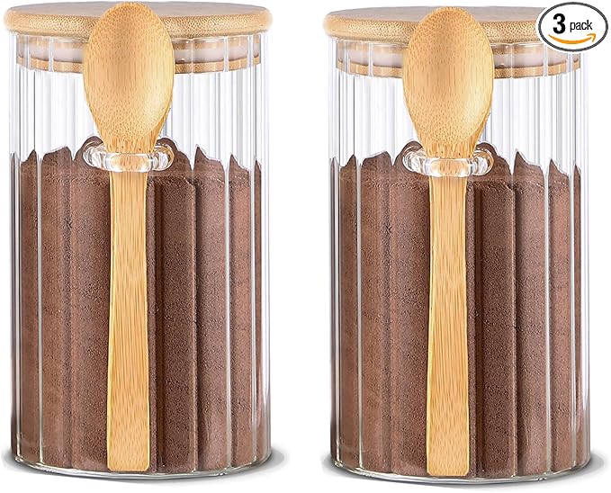 Steviieden 24 FL OZ Airtight Glass Jars with Bamboo Spoons Lids Overnight Oats Container Decorative Coffee Bar Food Storage Jar Cereal Nuts Salts Coffee Tea Flour Sugar Container Spice Jars (2Pack)