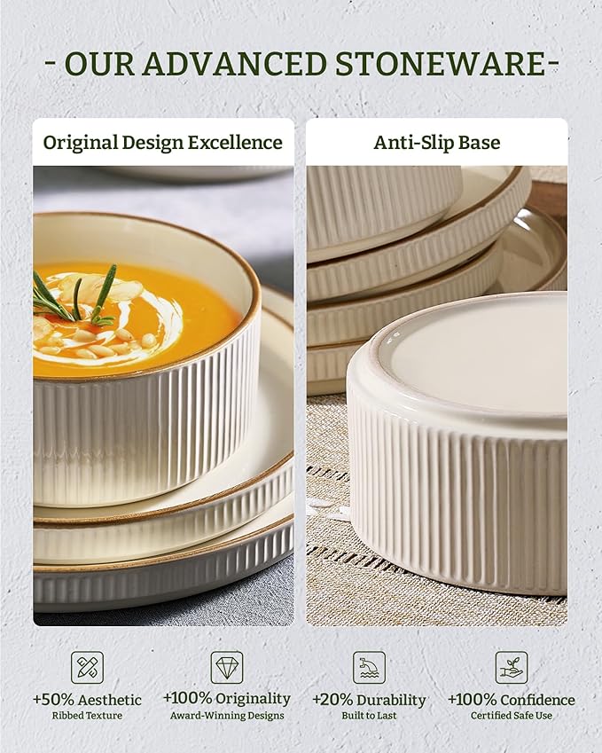 Famiware Star 12-Piece Stoneware Dinnerware Sets with Trim, Service for 4, Ceramic Plates and Bowls Set, Modern Rustic Dishes, Everyday/Formal, Chip/Scratch Resistant, Microwave/Dishwasher Safe, Cream