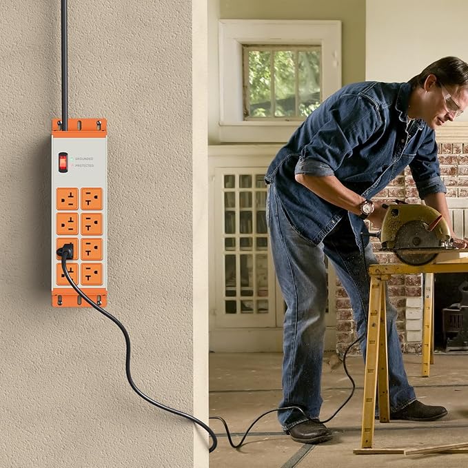 JUNNUJ Heavy Duty Surge Protector 4800J, Garage Metal 8 Outlets 20 Amp 12 Gauge, High Amp 5-15P Adapter Shop 6-20R T-Slot Industrial Outlet, 6 FT Extension Cord Commercial for Appliance, Grey