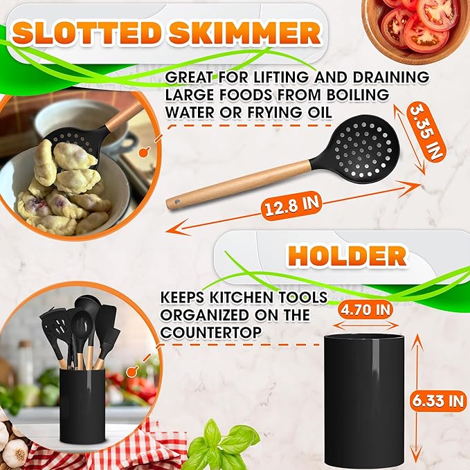 14 PCs Black Silicone Cooking Utensils Set with Holder - Versatile Kitchen Utensils with Sturdy Wooden Handles - Heat Resistance Silicone Kitchen Utensil Set with Holder for All Cooking & Baking Needs