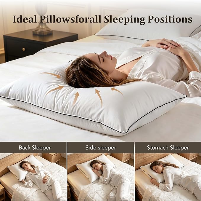 Down Pillows Breathable Cotton Shell Cover,Luxury Hotel Collection Bed Pillows for Sleeping,Fluffy Soft Medium Firm Down Fiber Pillows