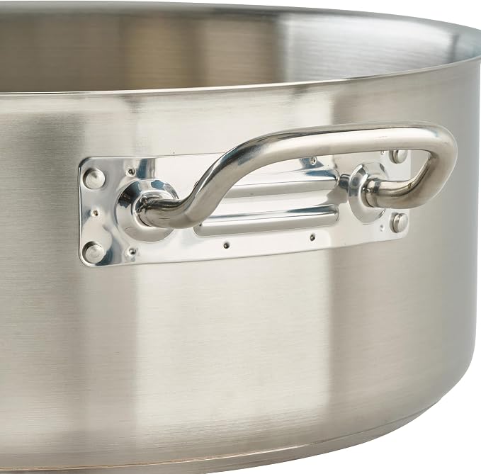 Winco 20 qt Stainless Steel Brazier Pan with Lid | Flat bottom, Wide base, Riveted handles, Induction safe, Great for Braising, Simmering, Batch Cooking and Restaurant Kitchens