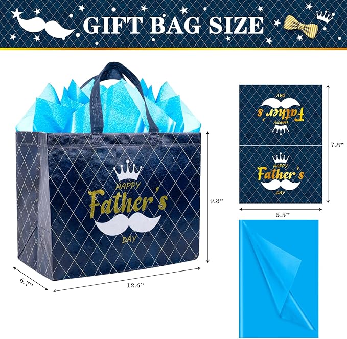 Jaywayang 2PCS 12.6" Happy Father's Day Gift Bag with Tissue Papers and Card, Large Reusable Non-Woven Fathers Day Bags with Handle for Men, Husband, Dad, Grandfather (Black, Blue)