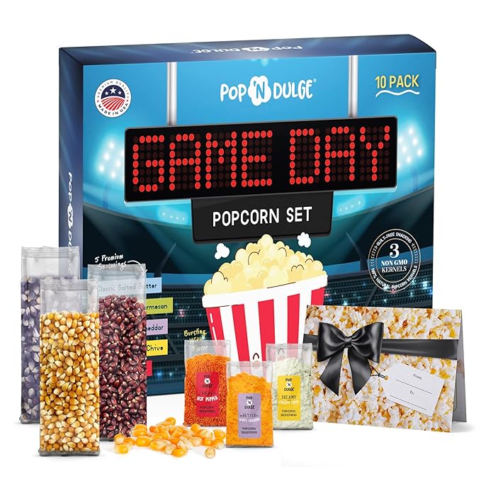 Game Day Movie Night Popcorn Gift Set Gifts For Men Family Gifts Party Supplies, 5 Non-GMO Gourmet Popcorn Kernels and 5 Popcorn Seasoning Flavoring - 10 Pack