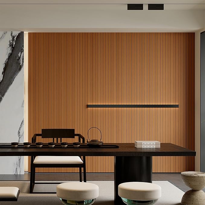YU LI 3DH Peel and Stick PVC Slat Wall Panel 118"x15.75" Self-Adhesive Thick Faux Walnut Wood Grain Wallpaper Panel 3D Soundproof Wall Panels for Walls & Ceilings