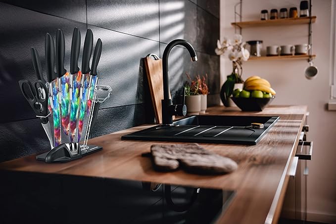 10 Pieces Kitchen Knives Set. Includes 6 Stainless Steel Knives, Scissors, Knife Sharpener, Peeler, and Clear Acrylic Stand (Cosmos)