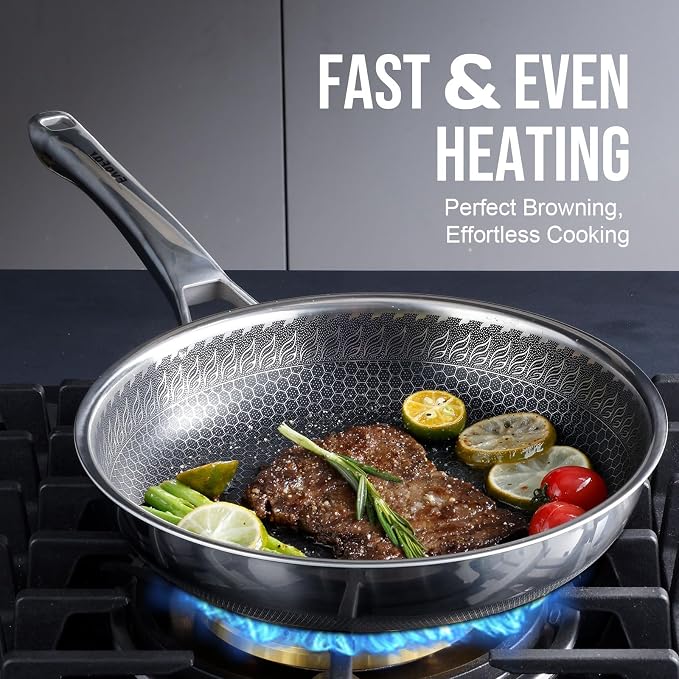 11 Inch Hybrid Nonstick Frying Pan, Stainless Steel Pan Non Stick Skillet, PFOA Free Cookware, Non Toxic Chef's Pan, Compatible with Electric, Gas and Induction, with Lid