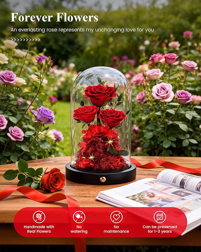 Agrul Mothers Day Flowers Roses Gifts for Mom,Forever Preserved Flower Rose in Glass Dome Fresh Flowers for Delivery Mothers Day Roses Gifts for Wife Women Mom Grandma from Daughter/Red Rose