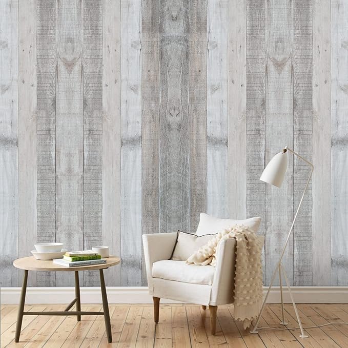 WENMER Gray Shiplap Peel and Stick Wallpaper, 17.71'' x 590'', Vintage Wood Texture, Self-Adhesive, Waterproof, Covers 72.56 sq.ft.
