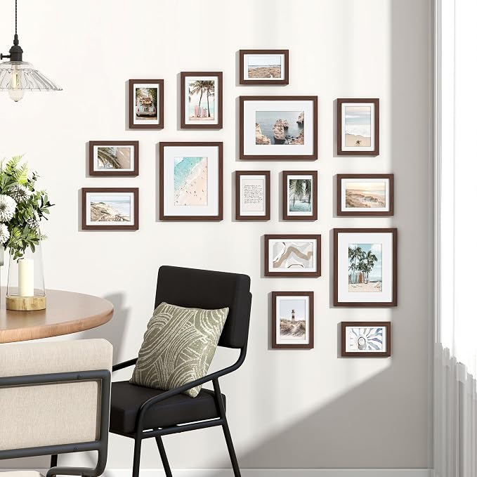 Venusmiles 15 Pack Picture Frames Collage Wall Decor, Gallery Frame Set for Wall Mounting or Tabletop Display, Multi Sizes Including 3pcs 8x10, 6pcs 5x7, 6pcs 4x6, Walnut