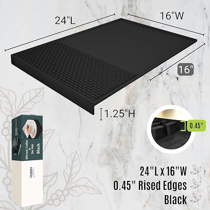 Coffee & Bar Mat For Countertop With "Edge Protection" – Espresso Machine & Coffee Maker Mat – Silicone Heat Resistant Mat – Non-Slip & BPA-Free Food Grade Mat – 16"(Front) x 24"(Length), Black