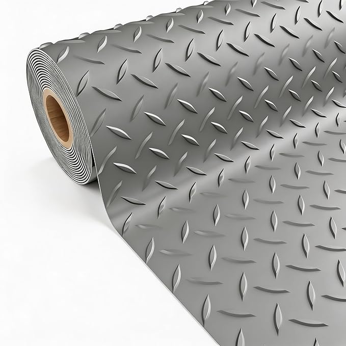 5x20 FT Garage Floor Mat, 2.8mm Thickened PVC Flooring Roll for Under Car, Golf Cart Parking Mat, Diamond Plate Gray Motorcycle Mat for Warehouse, Basement, Gyms, Trailer（Included Tapes）