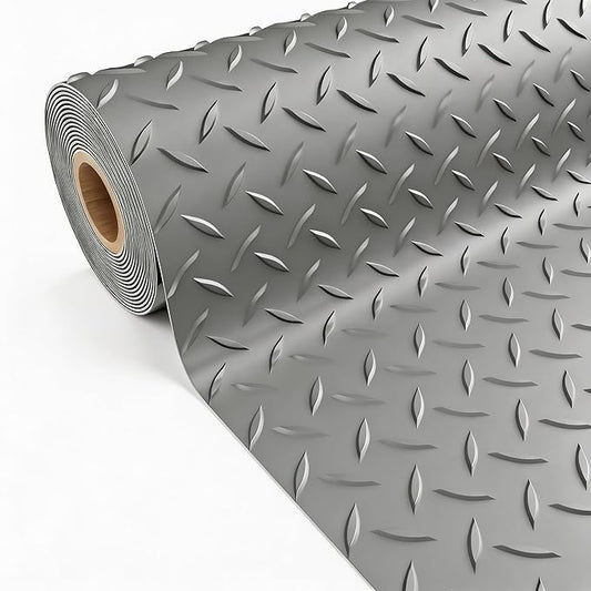 5x20 FT Garage Floor Mat, 2.8mm Thickened PVC Flooring Roll for Under Car, Golf Cart Parking Mat, Diamond Plate Gray Motorcycle Mat for Warehouse, Basement, Gyms, Trailer（Included Tapes）