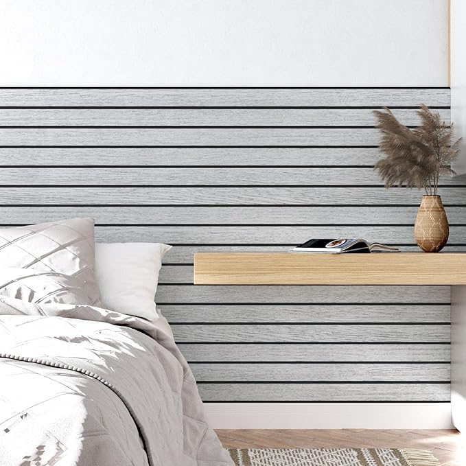 Wallercity White/Gray Self Adhesive Wood Slat Wall Paneling 3D Panels for Wall Decor Soundproof Peel and Stick Wooden Panels for Bedroom Kitchen 11.7''x197'' Vinyl Waterproof Faux Wood Fence Wallpaper