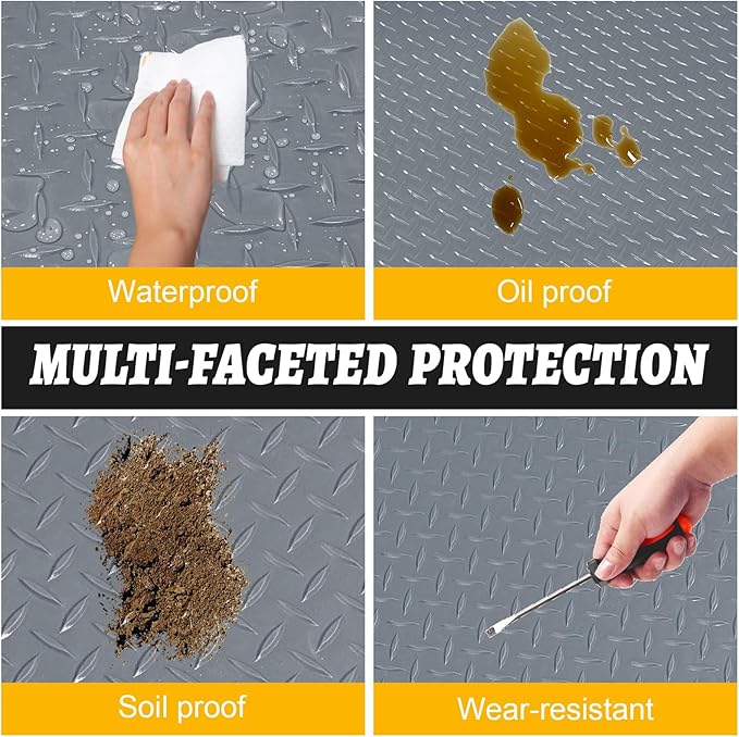 Grandroad auto 10x25 FT Garage Floor Mat, 2.8mm Thickened Flooring Roll for Under Car Diamond Plate PVC Rubber Mat with 20 Pcs Tapes, Non-Slip Floor Mat for Garage, Warehouse, Gyms, Trailer, Gray