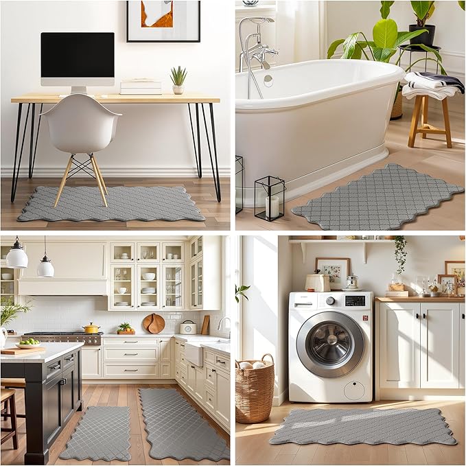 Arenarug Upgrade Scalloped Embossed Kitchen Mats for Floor 2PCS Cushioned Anti Fatigue Waterproof Foam Kitchen Rugs Non Slip Washable Comfort Standing Mat for Office Sink Laundry, Gray