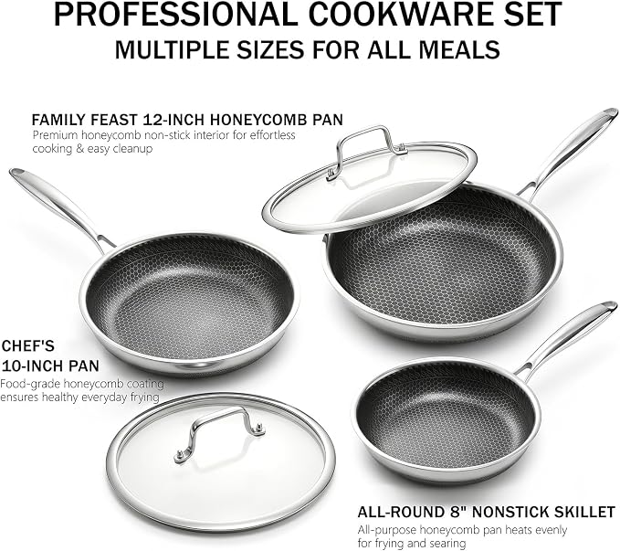 10 Inch Nonstick Stainless Steel Frying Pan Honeycomb with Lid | PFAS PFOA PTFE Free, Scratch-Proof & Metal Utensil Safe, All Cooktops Compatible, Oven & Dishwasher Safe Fajita Skillet