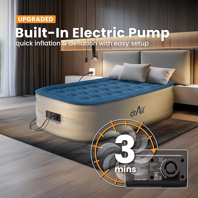 Dr. air Twin Air Mattress with Built-in Pump, 18" Raised Blow Up Mattress, 500 lbs Max Honeycomb Air Bed, 48Hr Leak-Proof Test, 3min Inflatable Mattress for Home, Guests, Camping, Colchones inflables