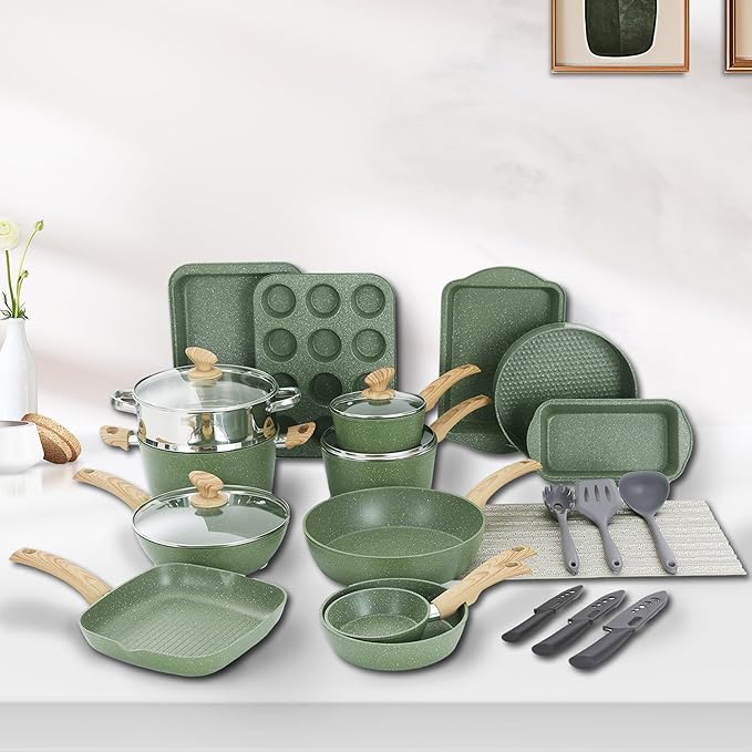DishDelight Green Pots and Pans Set Non Stick, 30 Piece Induction Kitchen Cookware Sets for Cooking, Non Toxic Granite Pot and Pans Set, PFOA&PFOA Free