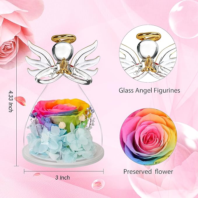 Mothers Day Mom Gifts for Mom,Fresh Flowers for Delivery,Birthday Gifts for Women Her,Preserved Flowers in Angel Figurines,Angel Gifts for Moms Mothers Day Grandma Wife Sister Valentines,Rainbow