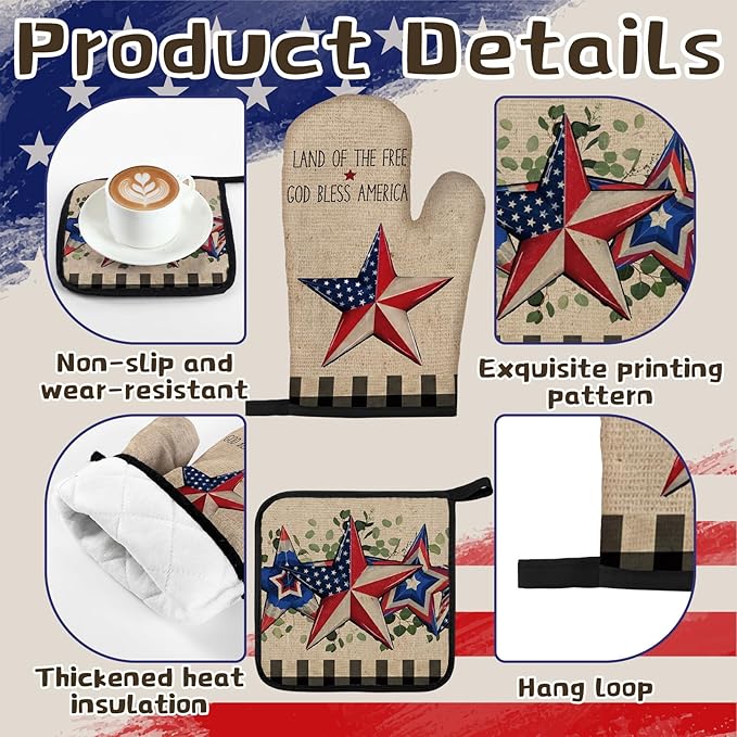 Fourluoo 10 Pcs 4th of July Kitchen Decor and Accessories Red Blue and White Oven Mitts and Pot Holders Set Vintage Dish Towel Patriotic Independence Day Kitchen Decor for 250th Anniversary Women Gift