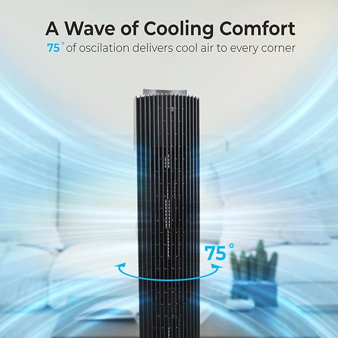Comfort Zone 42-Inch Smart Wi-Fi Oscillating Tower Fan – 5 Speeds, 3 Modes, Adjustable 36–42" Height, Bladeless Quiet Standing Fan with Remote, 12H Timer & App Control for Bedroom, Home & Office