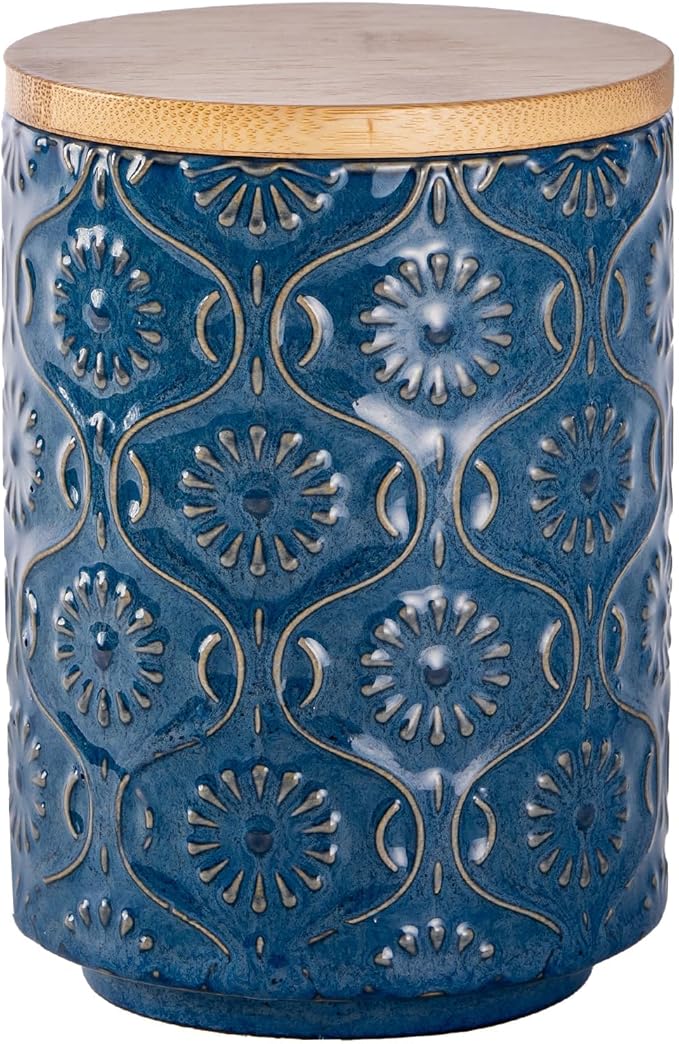 TEATALK Embossed Ceramic Canister, Stylish Airtight Storage for Kitchen, Coffee, Tea, Sugar, 23 Fl Oz, Darkblue
